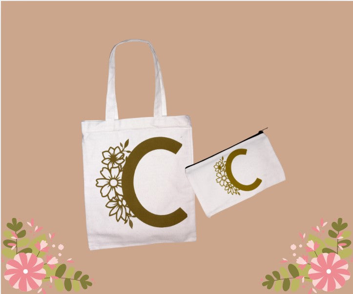 Tote bag et trousse personnalisables – Lettre florale